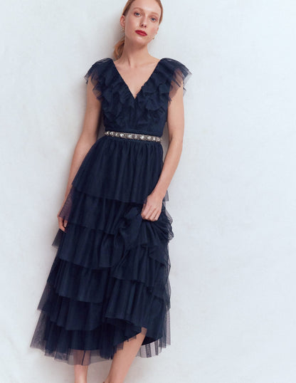 Ruffle Tulle Tiered Dress-Navy