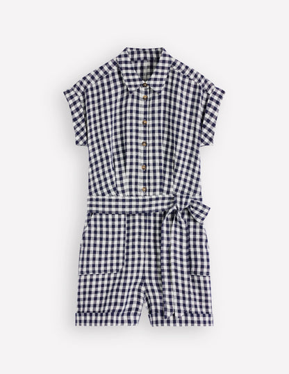 Kay Linen Playsuit-Navy, Ivory Gingham