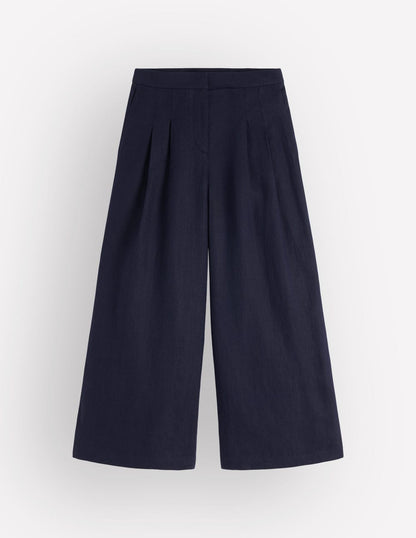 Pleated Linen Culotte-Navy