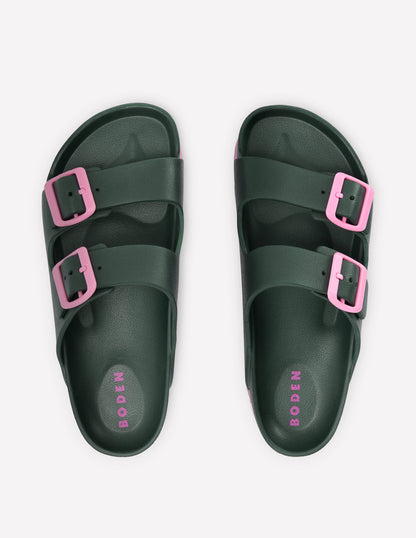 Lyla Double Buckle Sliders-Khaki/Pink