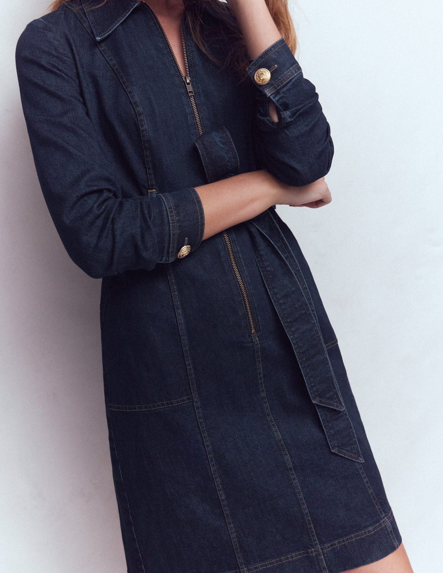 Zip Denim Short Dress-Indigo