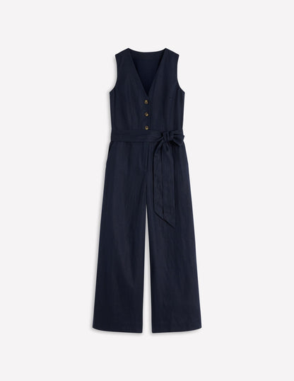 Laura V-neck Linen Jumpsuit-Navy