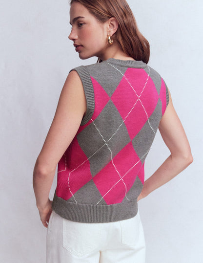 Lucy Cotton Vest-Pink/Grey Argyle