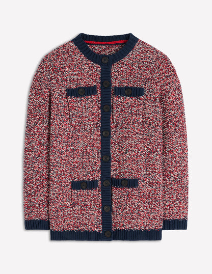 Textured Marl Cardigan-Navy/ Red Marl