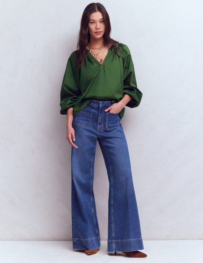 Serena Pleat Neck Top-Green Fir