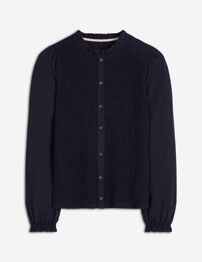 Supersoft Smocked button top-Navy