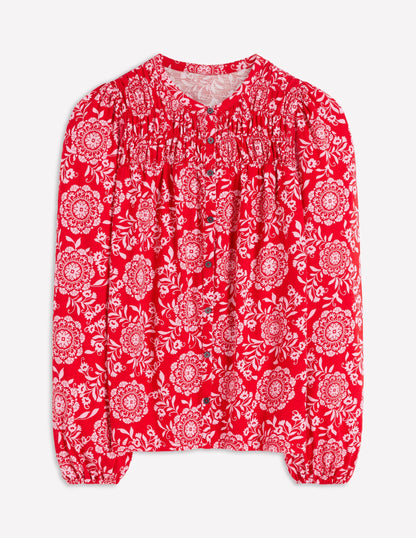 Mya Smocked Jersey Shirt-Salsa, Decorative Blossom