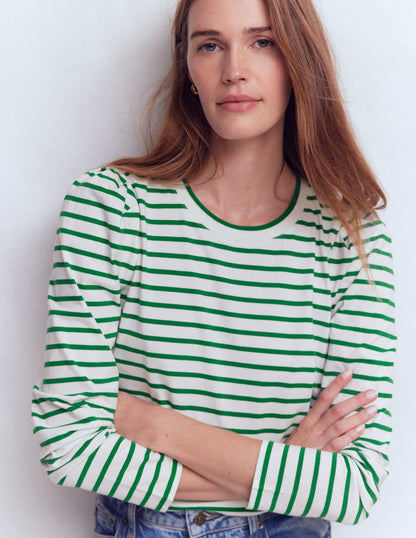 Pleat Sleeve Stripe Top-Jewel Green and Ivory Stripe