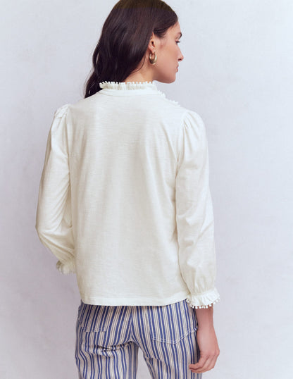 Emily Pom Trim Ruffle Shirt-Ivory