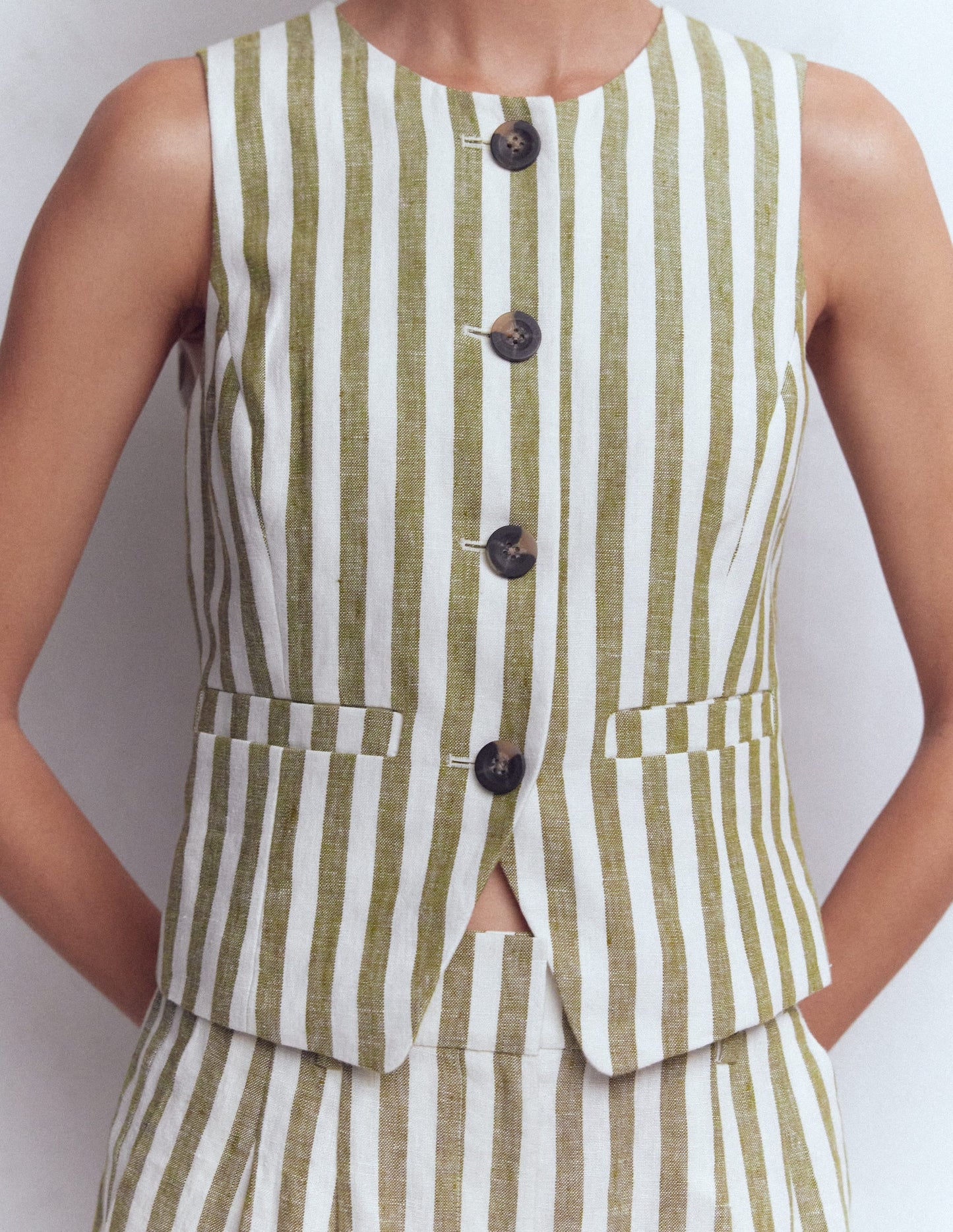 Linen Waistcoat-Olive, Ivory Stripe