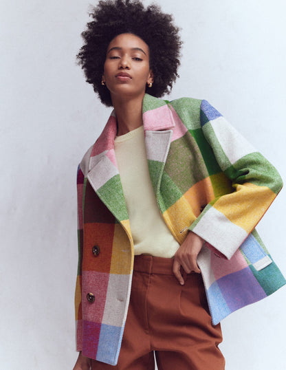 Revere Collar Wool Coat-Giant Multigingham