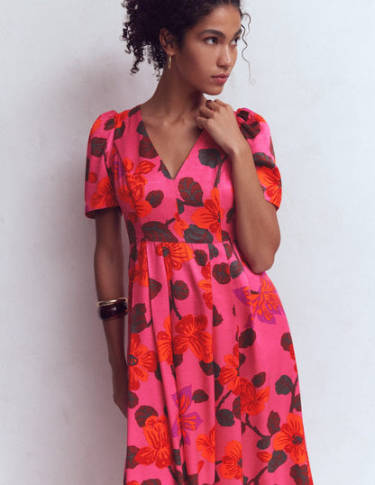 Pleat V-neck Dress-Pink, Elaborate Blossom