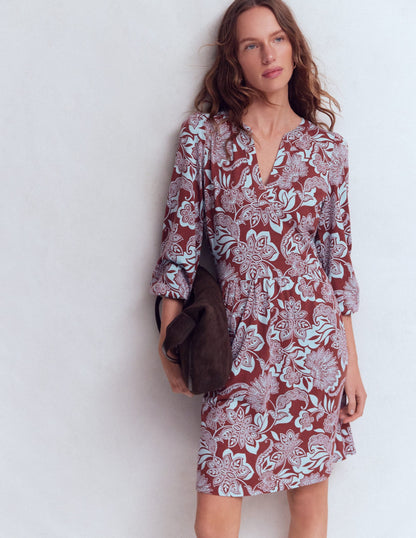 Cathy Notch Neck Jersey Dress-Roasted Brown, Elegant Blossom