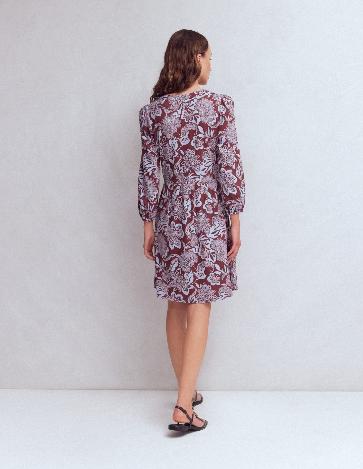 Cathy Notch Neck Jersey Dress-Roasted Brown, Elegant Blossom