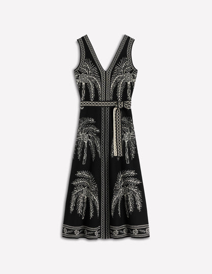 V Neck Jacquard Dress-Palm Jacquard