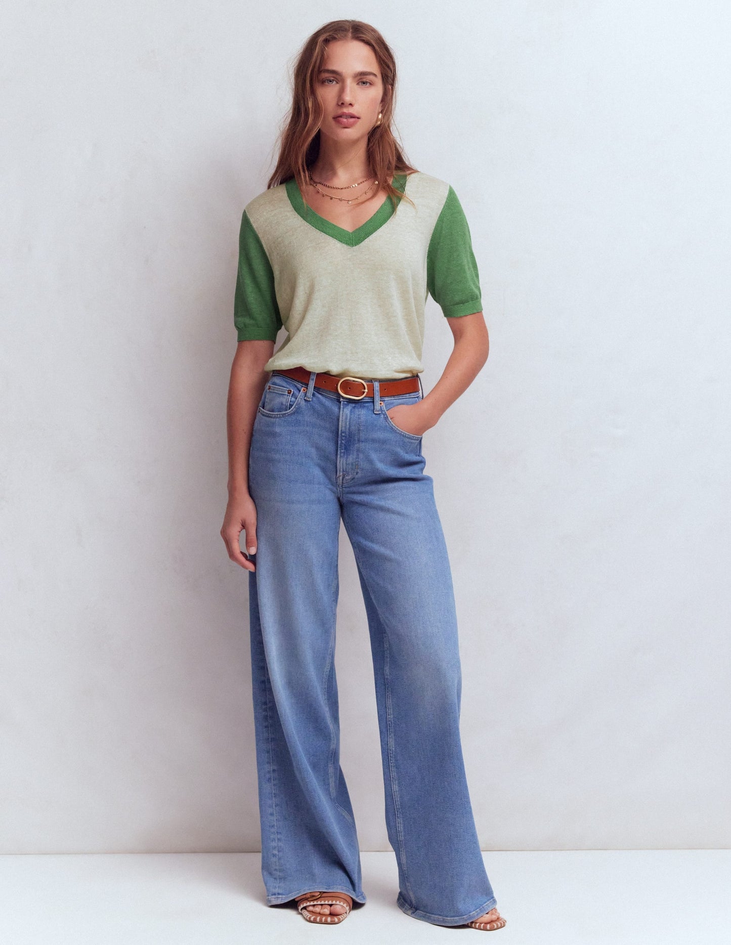 Agnes Linen V Neck T-Shirt-Ivory/ Green