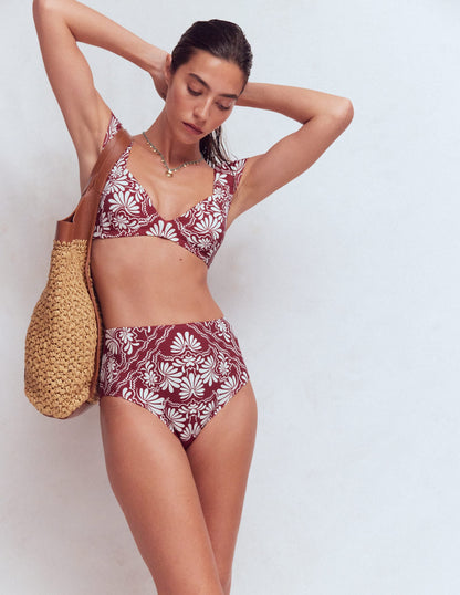 High Waisted Bikini Bottoms-Maroon, Botanical Charm