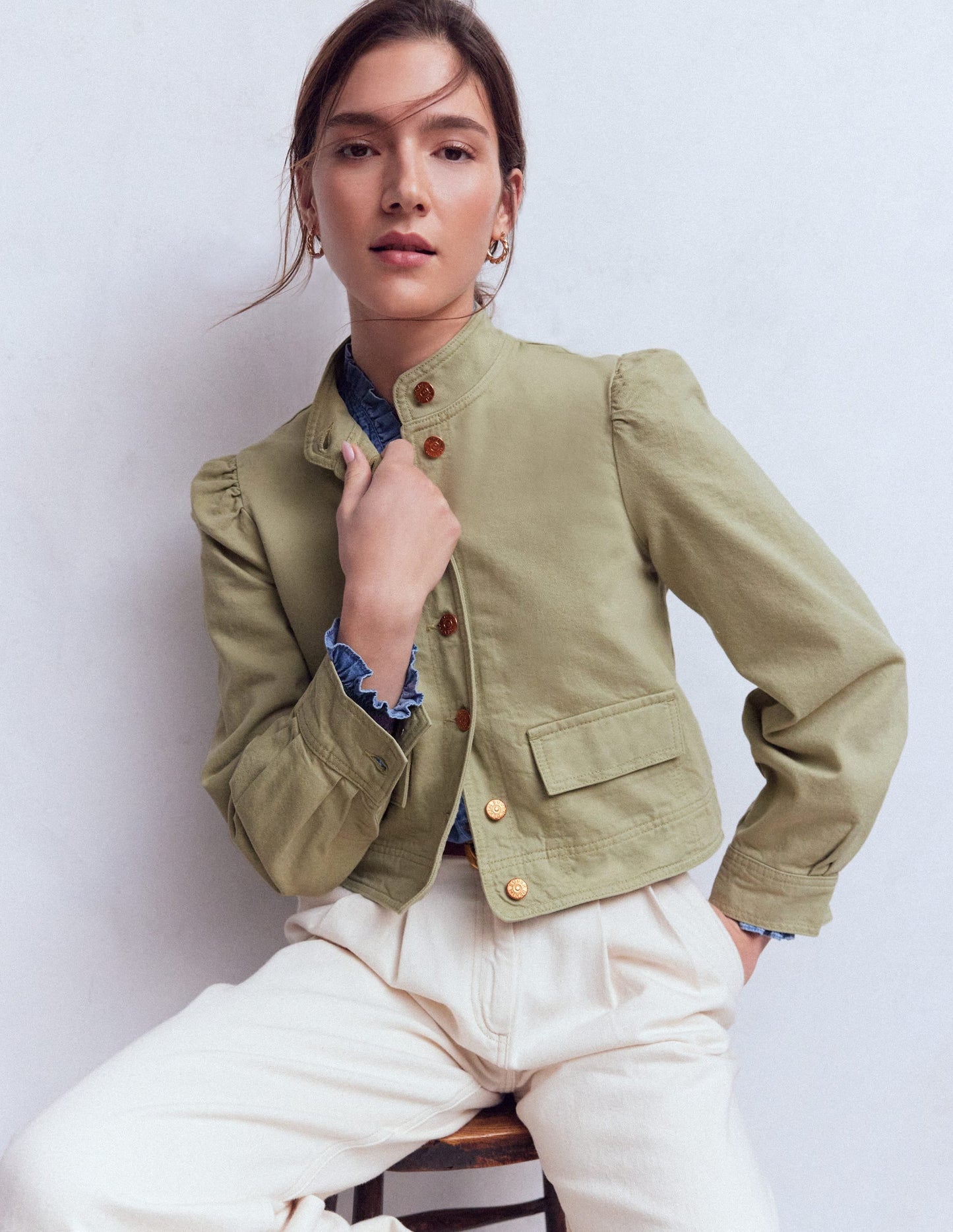 Topstitch Denim Jacket-Soft Green