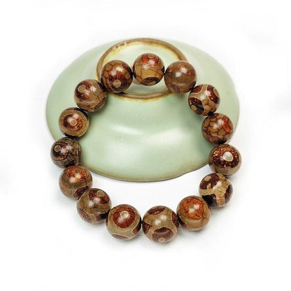 3 Eyes Dzi Beads Bracelet,Wrist Mala,0.55" - Tibetan Buddhist mala beads, front view