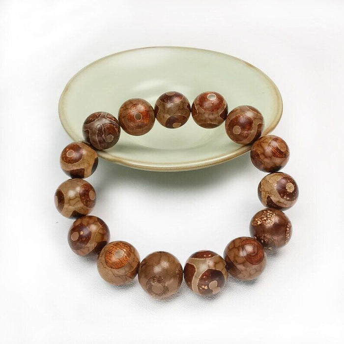 3 Eyes Dzi Beads Bracelet,Wrist Mala,0.55" - Tibetan Buddhist mala beads, detailed view