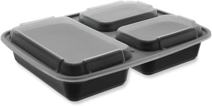 48 Oz Black 3 Compartment Rectangular Container & Clear Lid, 150/Cs - 68039