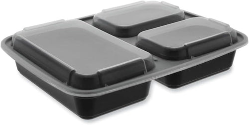 48 Oz Black 3 Compartment Rectangular Container & Clear Lid, 150/Cs - 68039