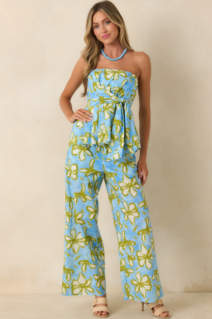 Flower Power Move Blue Floral Cotton Peplum Top