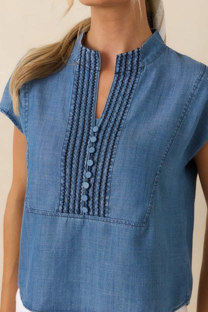 Blue Skies Ahead Chambray Blue Embroidered Top
