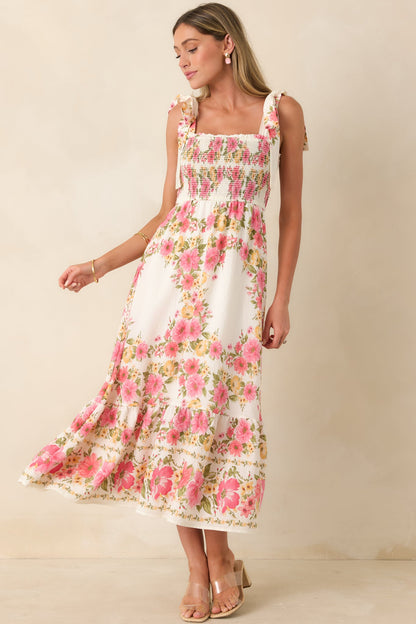 Flower Girl Energy Pink Multi Floral Smocked Tie Strap Midi Dress