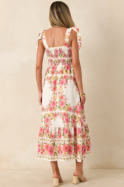 Flower Girl Energy Pink Multi Floral Smocked Tie Strap Midi Dress