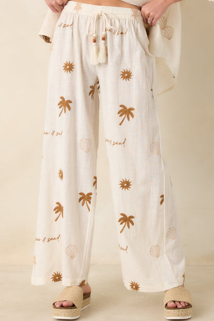 Driftwood Days Light Beige Cotton Coastal Embroidered Wide Leg Pants