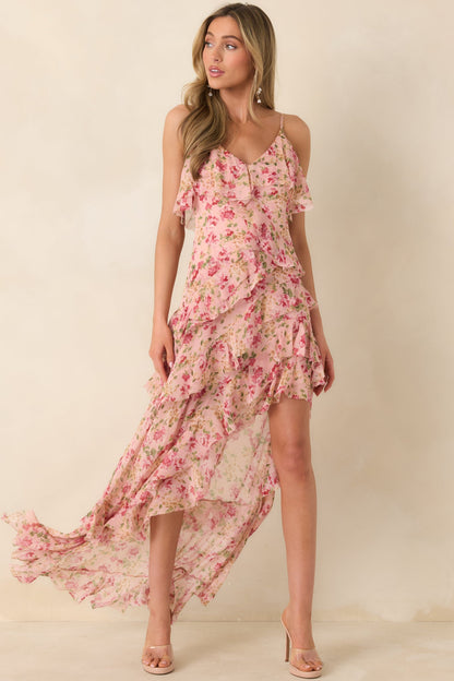 Keep Me Twirling Blush Pink Multi Floral Ruffle Asymmetrical Maxi Dress