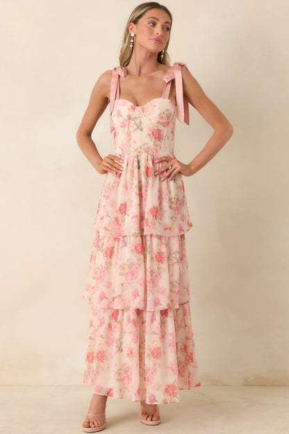 Written in Flowers Coral Pink Floral Tie Strap Maxi Dress