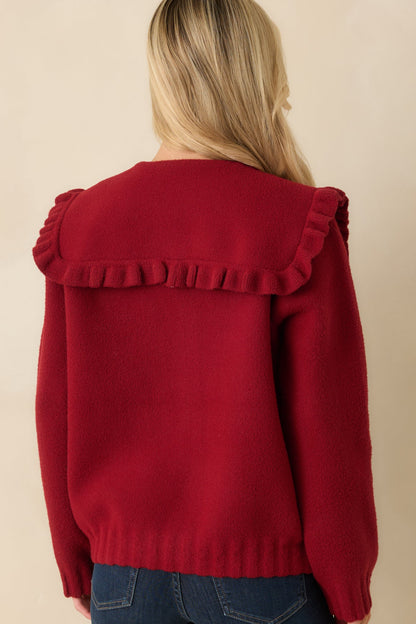 Frilled To Announce Cranberry Red Oversize Ruffle Collar Cardigan Sweater