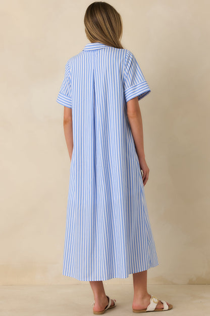 Pretty in Pinstripes Blue Cotton Stripe Button Front Maxi Shirt Dress