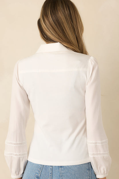 Effortlessly Neat White Ribbed Knit Lace Detail Collared Top
