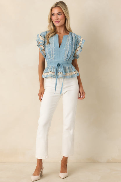 Soft Serenity Blue Flutter Sleeve Peplum Top