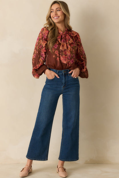 Forever Falling Brown Multi Floral Print Bow Blouse