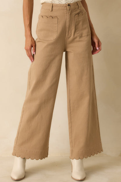 Set For The Day Camel Cotton Scalloped Wide Leg Pants
