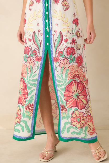 Floral Fantasy Green & Coral Pink Floral Maxi Dress