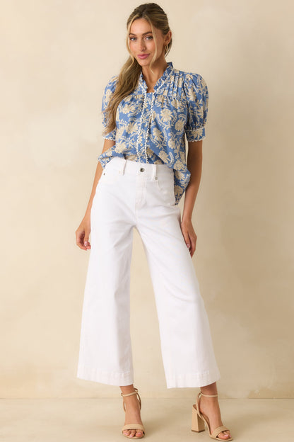 Prosperina Gretchen Dusty Blue & Ivory Cotton Floral Blouse