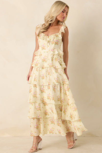 ASTR The Label Adessa Yellow Floral Ruffle Tiered Maxi Dress