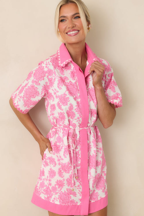 Pretty Impressive Pink & Ivory Floral Cotton Linen Mini Shirt Dress