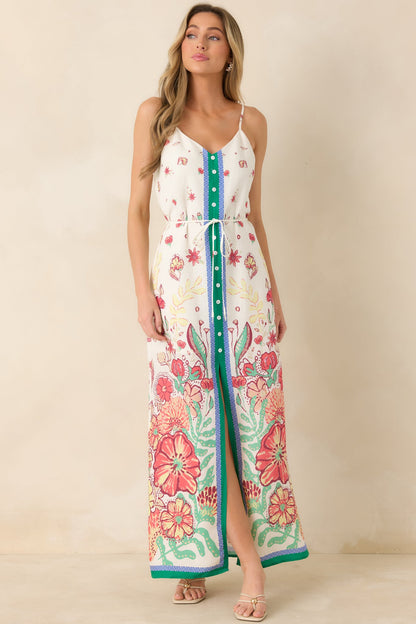Floral Fantasy Green & Coral Pink Floral Maxi Dress