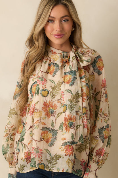 Fields of Grace Beige Multi Floral Print Cotton Bow Blouse