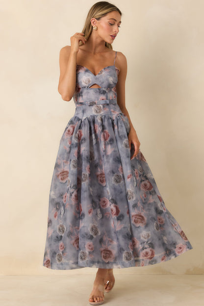 Bloom Service Grey Multi Floral Cutout Bodice Midi Dress
