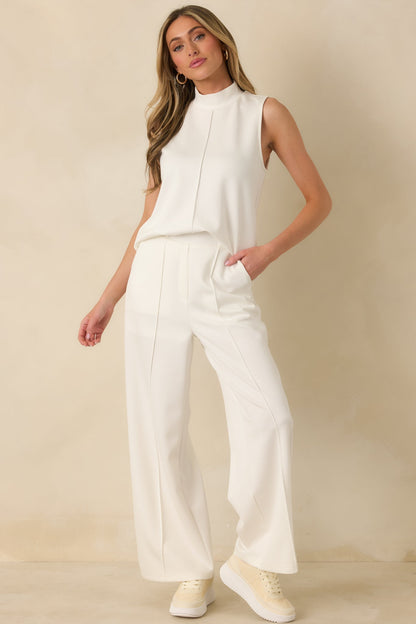Ready to Jet Cloud White Knit High-Waisted Wide-Leg Pants