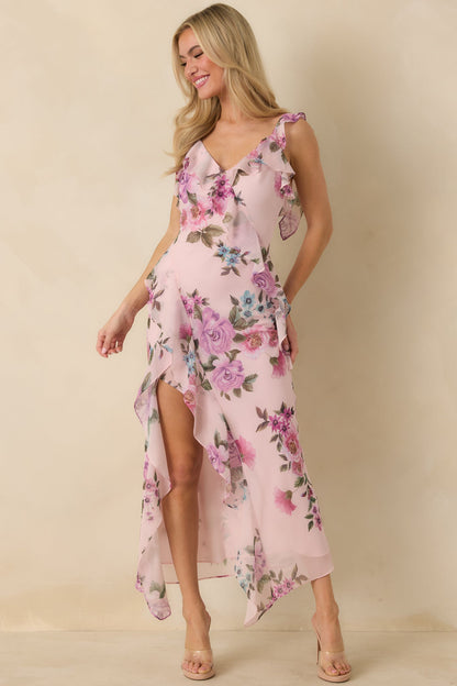 Into the Spell Lavender Multi Floral Ruffle Chiffon Sleeveless Maxi Dress
