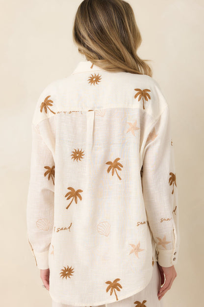 Driftwood Days Light Beige Cotton Coastal Embroidered Button Down Top