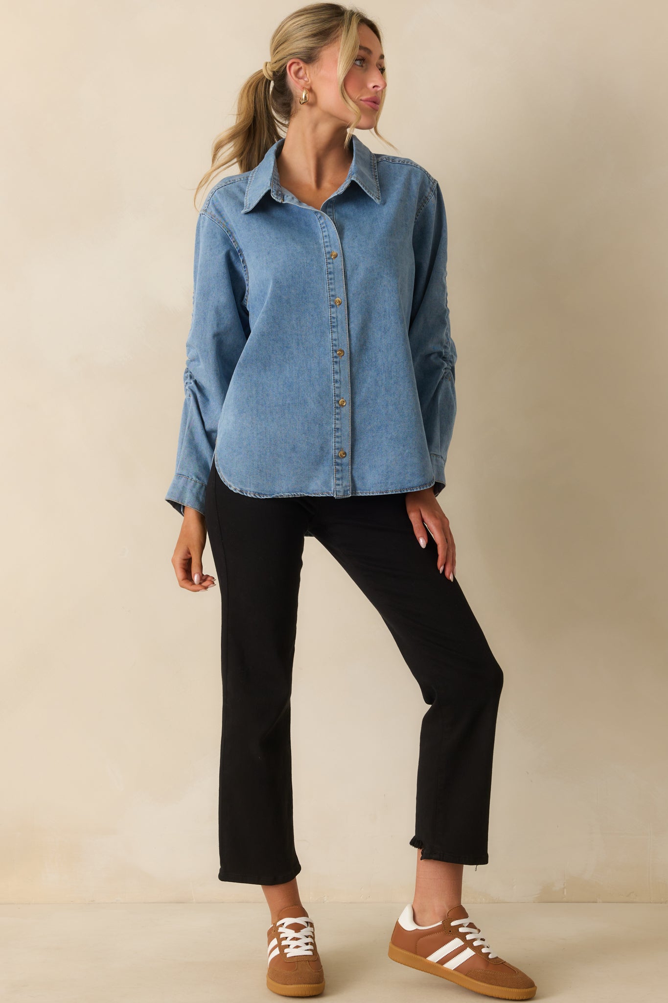 Through Every Change Light Wash Cotton Denim Button Up Top